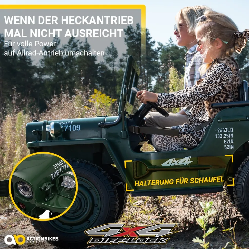 Jeep Willys Kinder-Elektroauto, 3 Sitze und 3 Gurte, Schaufel, Ersatzrad, Federung, Allrad 4x4, LEDs