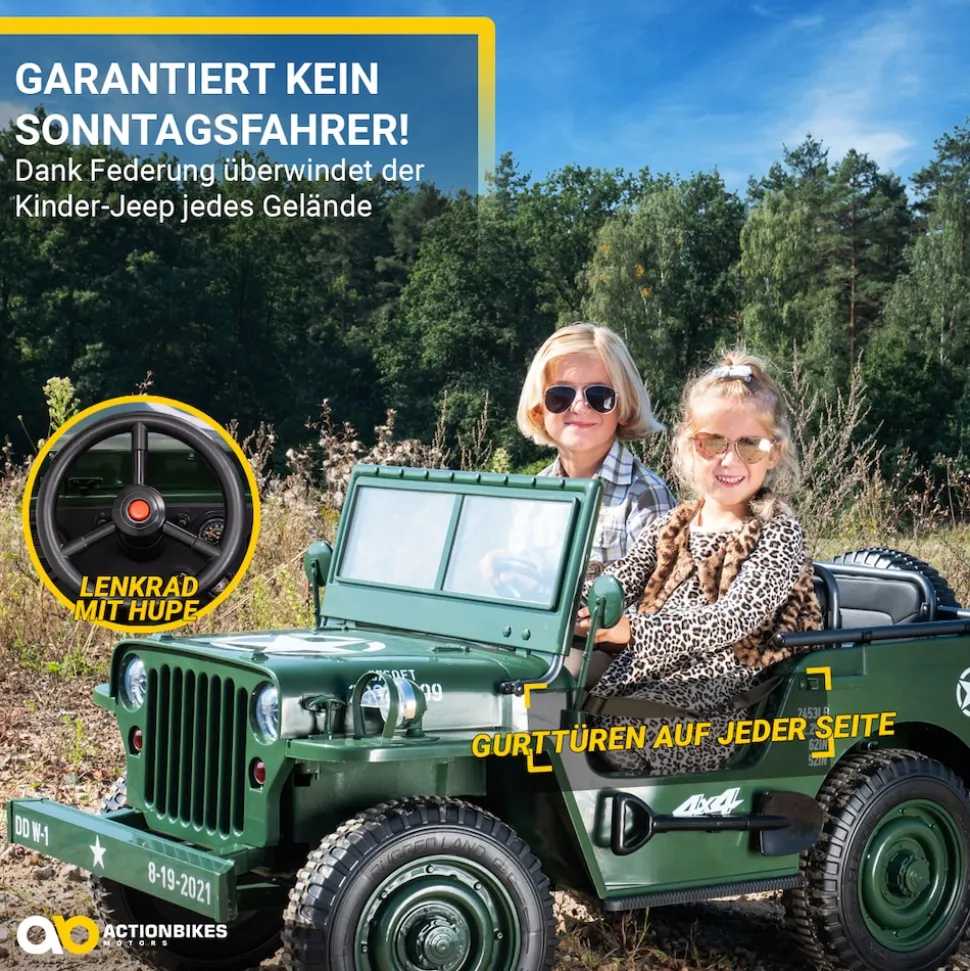 Jeep Willys Kinder-Elektroauto, 3 Sitze und 3 Gurte, Schaufel, Ersatzrad, Federung, Allrad 4x4, LEDs