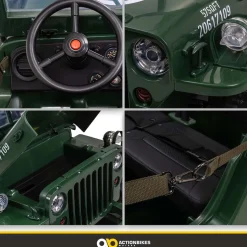 Jeep Willys Kinder-Elektroauto, 3 Sitze und 3 Gurte, Schaufel, Ersatzrad, Federung, Allrad 4x4, LEDs