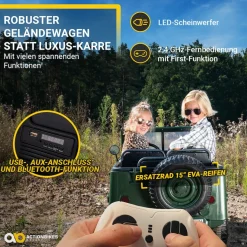 Jeep Willys Kinder-Elektroauto, 3 Sitze und 3 Gurte, Schaufel, Ersatzrad, Federung, Allrad 4x4, LEDs