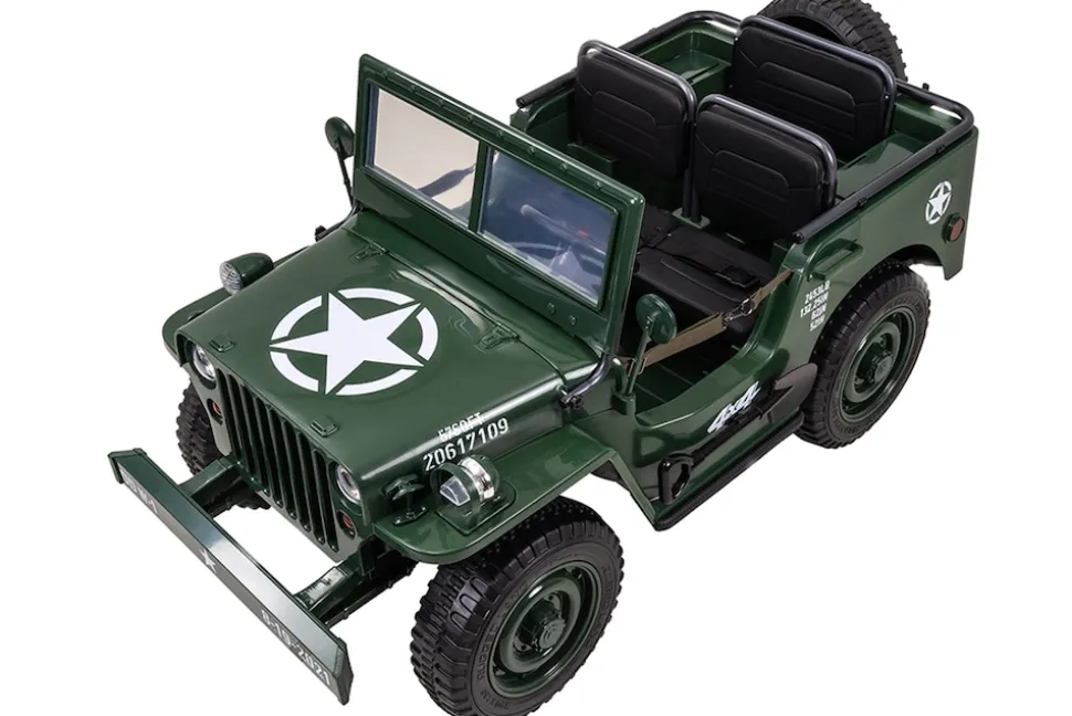 Jeep Willys Kinder-Elektroauto, 3 Sitze und 3 Gurte, Schaufel, Ersatzrad, Federung, Allrad 4x4, LEDs