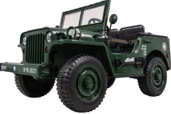 Jeep Willys Kinder-Elektroauto, 3 Sitze und 3 Gurte, Schaufel, Ersatzrad, Federung, Allrad 4x4, LEDs