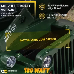 Jeep Willys Kinder-Elektroauto, 3 Sitze und 3 Gurte, Schaufel, Ersatzrad, Federung, Allrad 4x4, LEDs