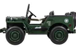 Jeep Willys Kinder-Elektroauto, 3 Sitze und 3 Gurte, Schaufel, Ersatzrad, Federung, Allrad 4x4, LEDs