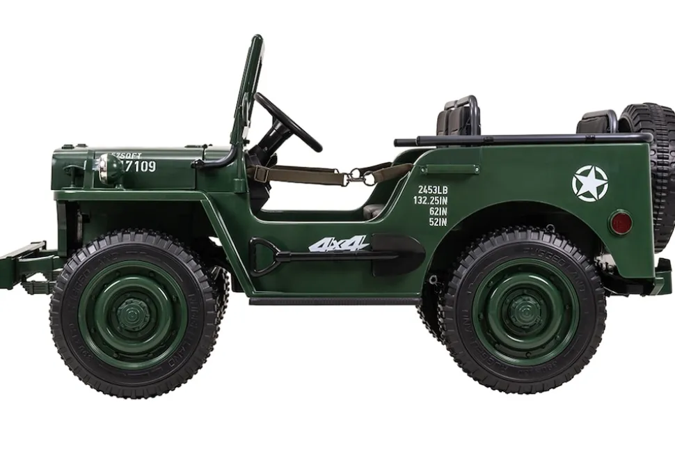 Jeep Willys Kinder-Elektroauto, 3 Sitze und 3 Gurte, Schaufel, Ersatzrad, Federung, Allrad 4x4, LEDs