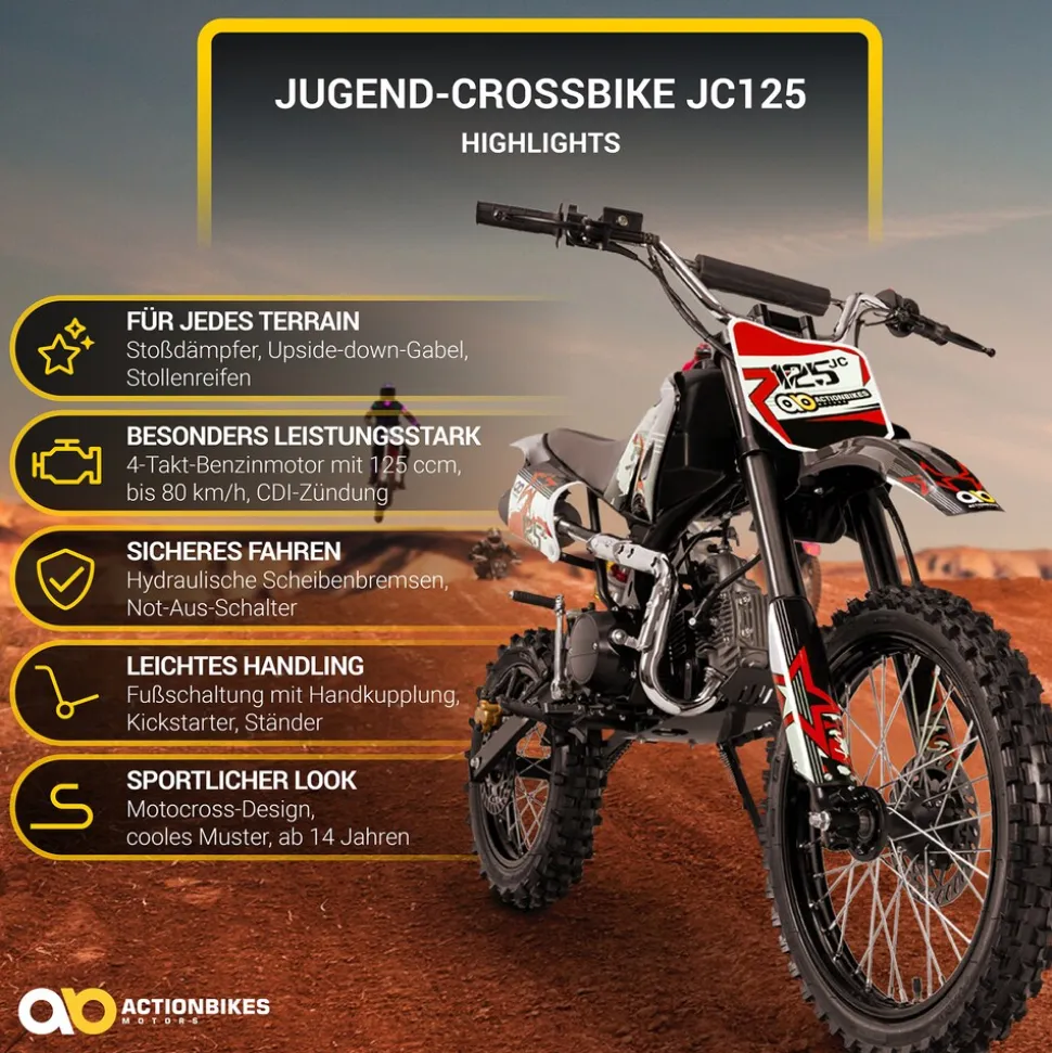 Jugend-Crossbike JC125, Benzin-Jugendmotorrad, 125 ccm, 17/14-Reifen, 4-Takt-Motor, 80 km/h, ab 14 J. (Orange)