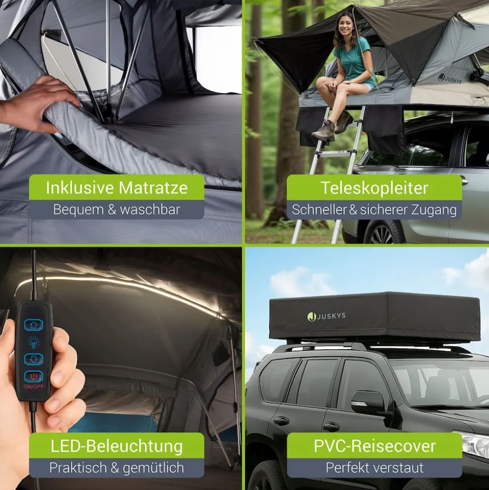 Juskys Autodachzelt Lago 120 x 210 cm - LED-Beleuchtung & Leiter - Schwarz / Grau