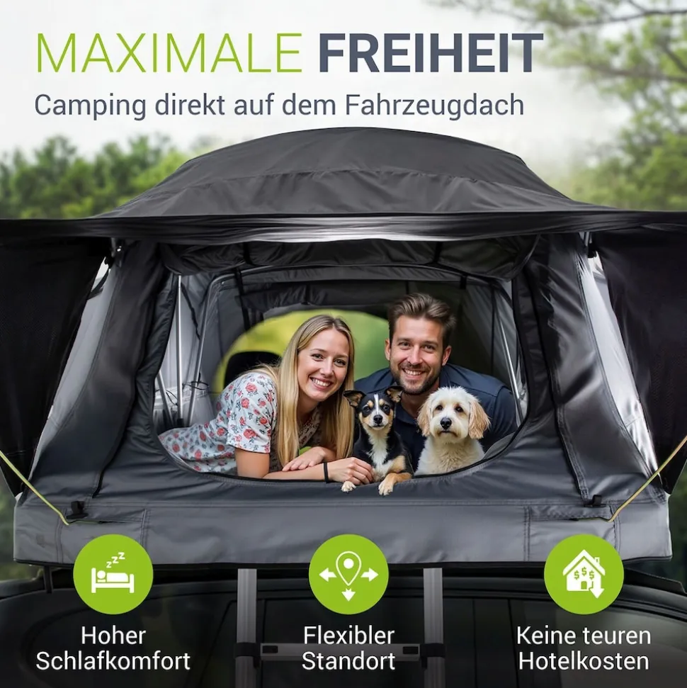 Juskys Autodachzelt Lago 120 x 210 cm - LED-Beleuchtung & Leiter - Schwarz / Grau