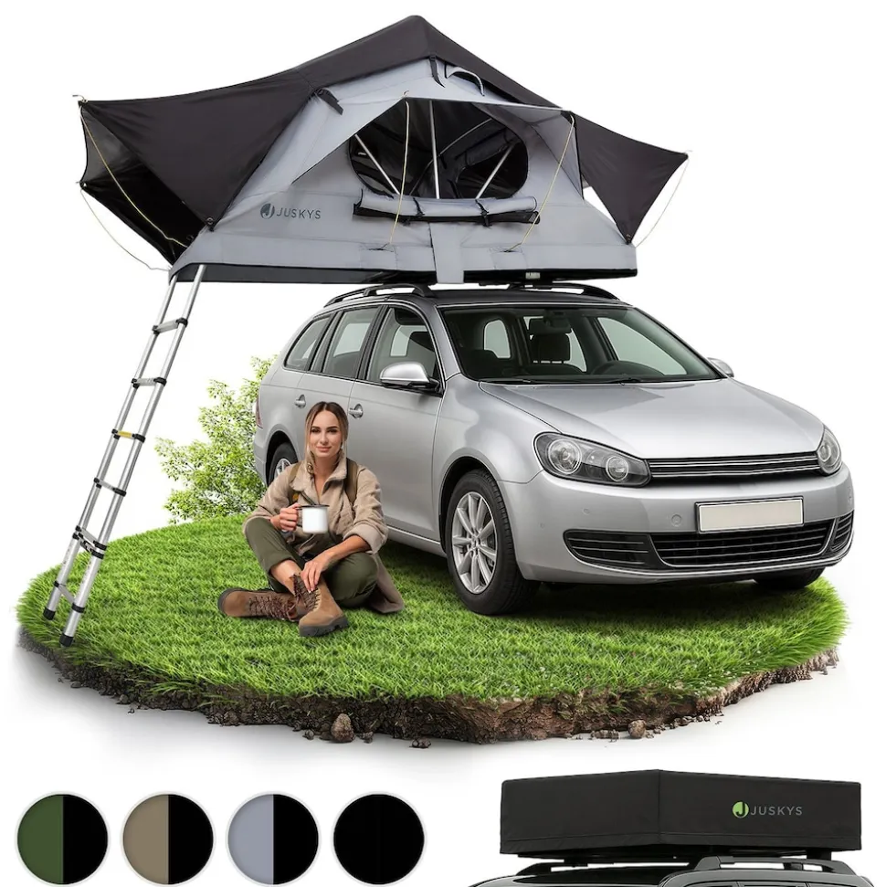 Juskys Autodachzelt Lago 120 x 210 cm - LED-Beleuchtung & Leiter - Schwarz / Grau