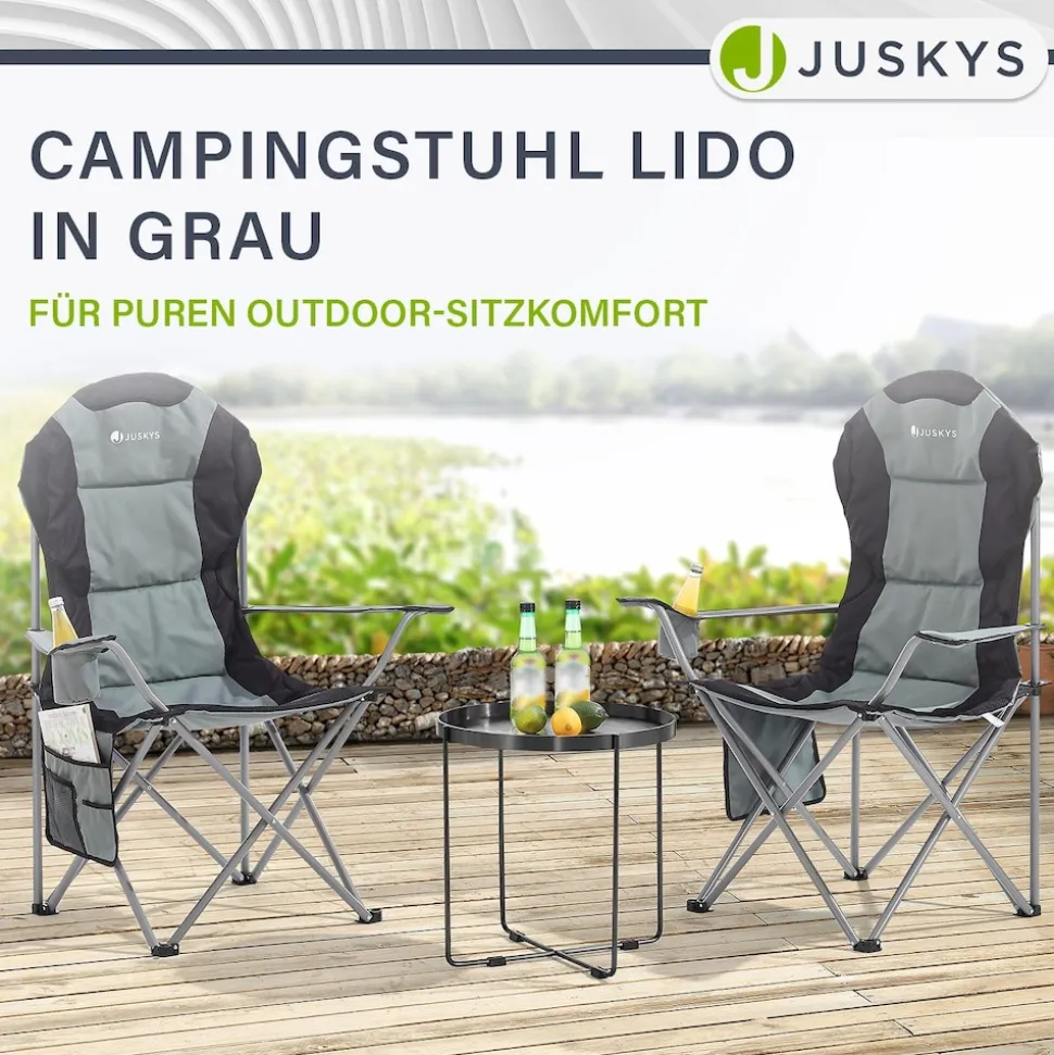 Juskys Campingstuhl Lido mit Getränkehalter & Tasche - Camping Klappstuhl gepolstert - Stuhl Grau