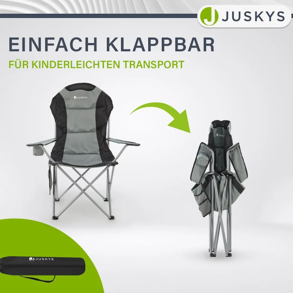 Juskys Campingstuhl Lido mit Getränkehalter & Tasche - Camping Klappstuhl gepolstert - Stuhl Grau