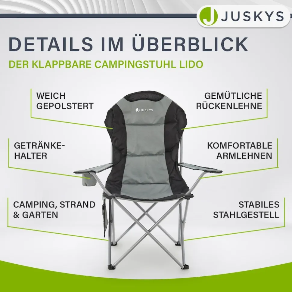 Juskys Campingstuhl Lido mit Getränkehalter & Tasche - Camping Klappstuhl gepolstert - Stuhl Grau