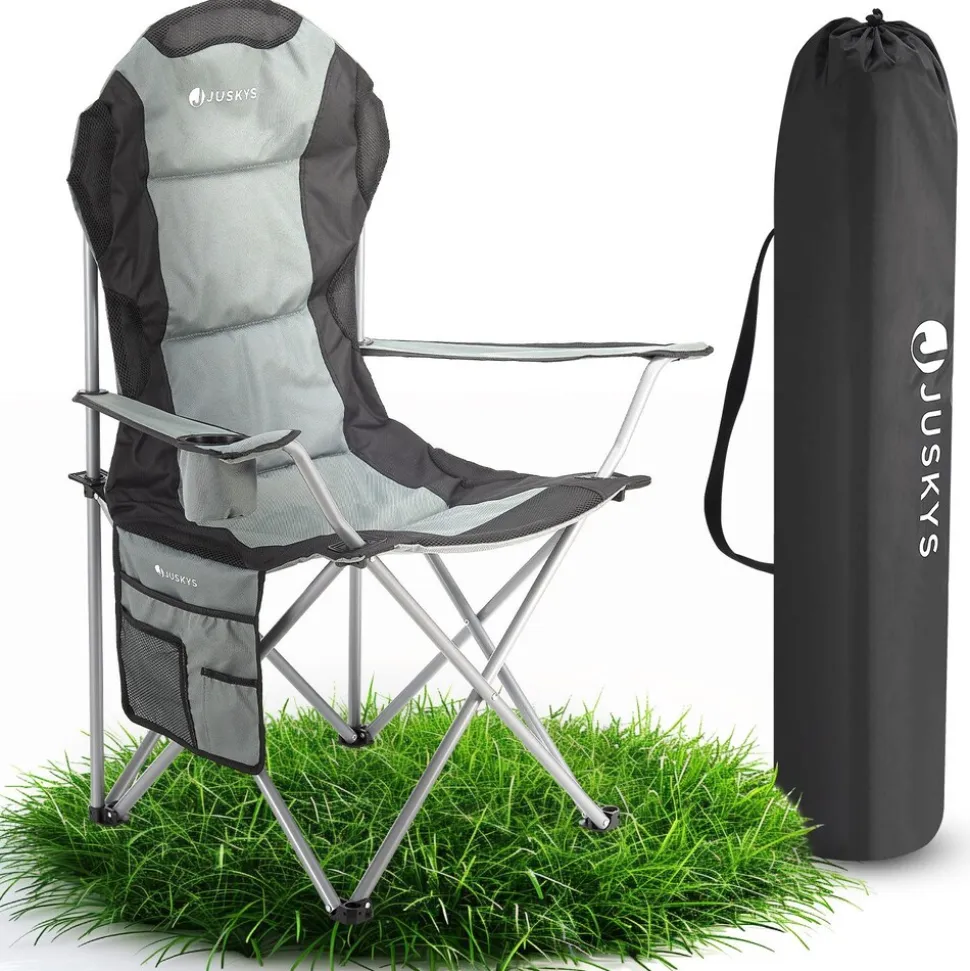 Juskys Campingstuhl Lido mit Getränkehalter & Tasche - Camping Klappstuhl gepolstert - Stuhl Grau
