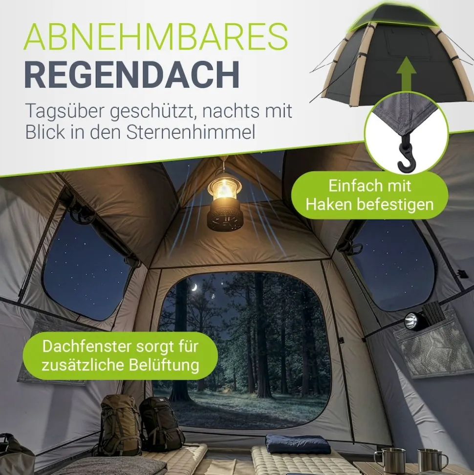 JUSKYS® Campingzelt EasyFlow M - Dunkelgrau/Khaki, aufblasbares Zelt mit Luftpumpe und Zubehör, inkl. LED-Lampe