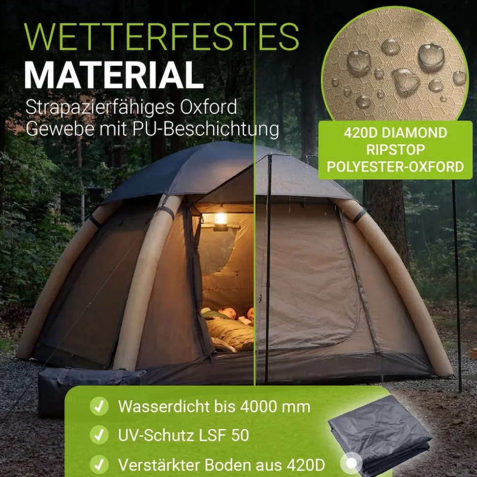 JUSKYS® Campingzelt EasyFlow M - Dunkelgrau/Khaki, aufblasbares Zelt mit Luftpumpe und Zubehör, inkl. LED-Lampe