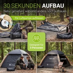 JUSKYS® Campingzelt EasyFlow M - Dunkelgrau/Khaki, aufblasbares Zelt mit Luftpumpe und Zubehör, inkl. LED-Lampe