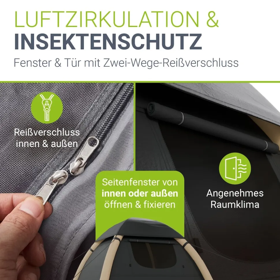 JUSKYS® Campingzelt EasyFlow M - Dunkelgrau/Khaki, aufblasbares Zelt mit Luftpumpe und Zubehör, inkl. LED-Lampe