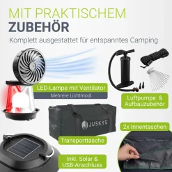 JUSKYS® Campingzelt EasyFlow M - Dunkelgrau/Khaki, aufblasbares Zelt mit Luftpumpe und Zubehör, inkl. LED-Lampe