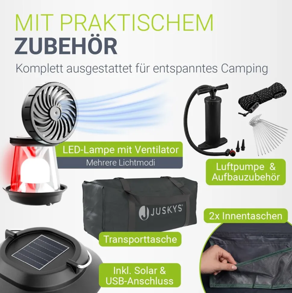 JUSKYS® Campingzelt EasyFlow M - Dunkelgrau/Khaki, aufblasbares Zelt mit Luftpumpe und Zubehör, inkl. LED-Lampe
