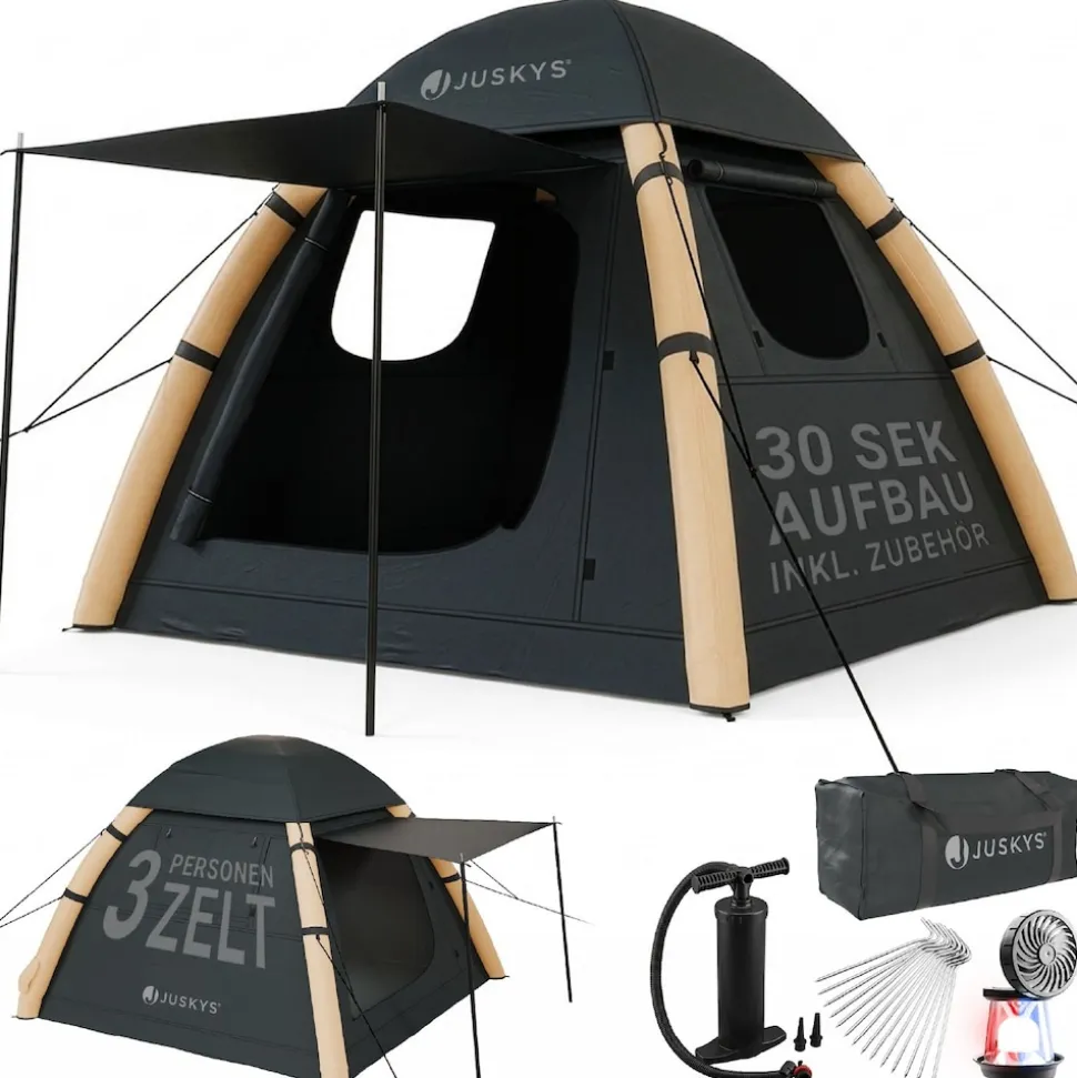 JUSKYS® Campingzelt EasyFlow M - Dunkelgrau/Khaki, aufblasbares Zelt mit Luftpumpe und Zubehör, inkl. LED-Lampe