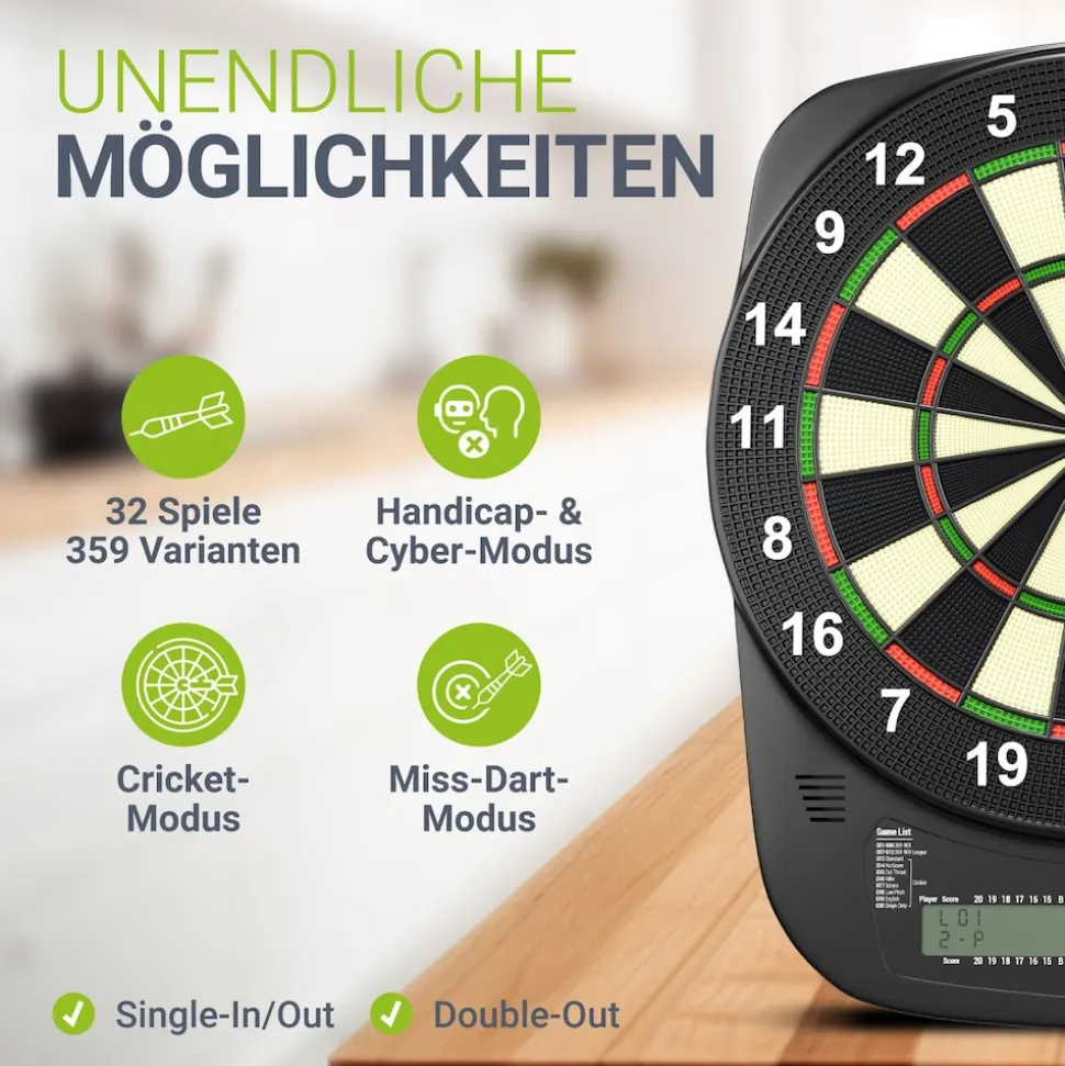 Juskys Elektronische Dartscheibe mit 32 Spielen für bis zu 8 Spieler, LCD-Display & 18 Darts