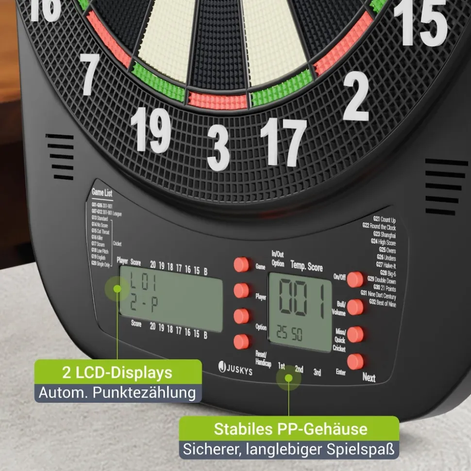 Juskys Elektronische Dartscheibe mit 32 Spielen für bis zu 8 Spieler, LCD-Display & 18 Darts