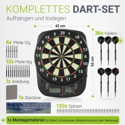 Juskys Elektronische Dartscheibe mit 32 Spielen für bis zu 8 Spieler, LCD-Display & 18 Darts