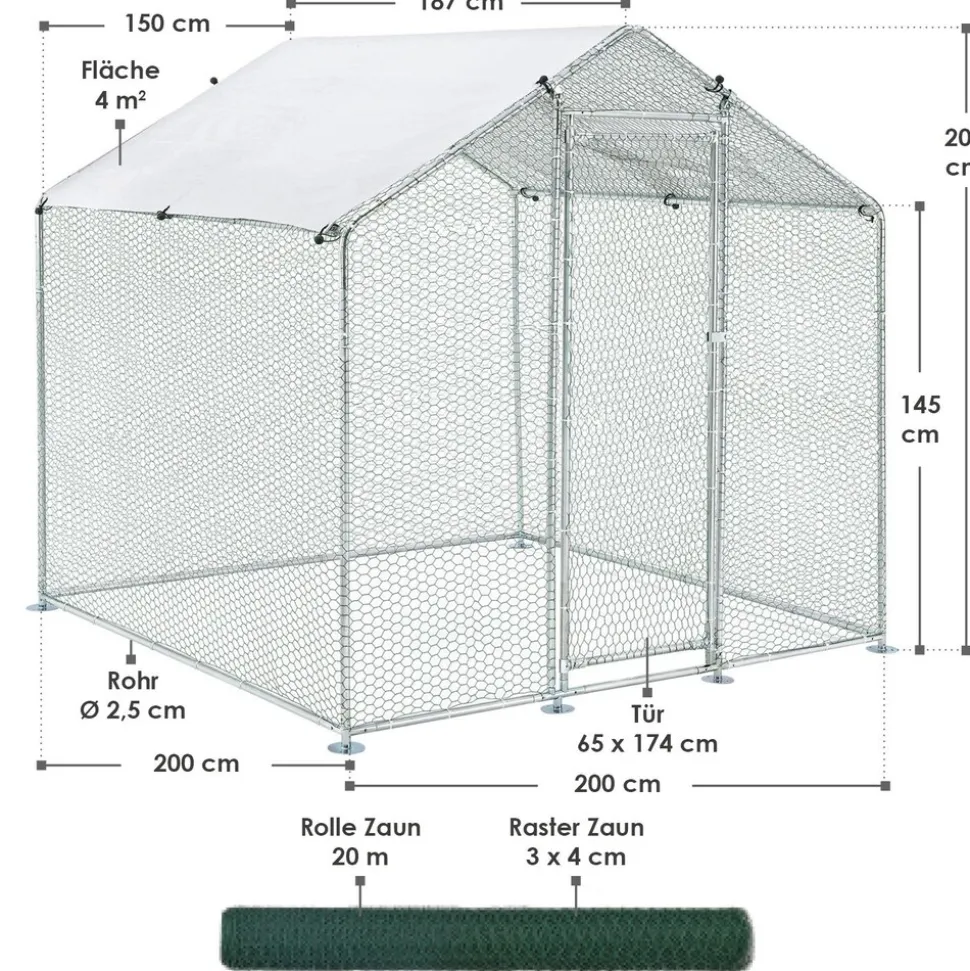 Juskys Freilaufgehege 2x2x2m aus Metall - Freigehege begehbar mit 4 m² Lauffläche, Tür & Riegel