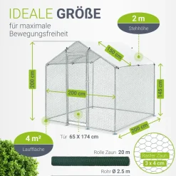 Juskys Freilaufgehege 2x2x2m aus Metall - Freigehege begehbar mit 4 m² Lauffläche, Tür & Riegel