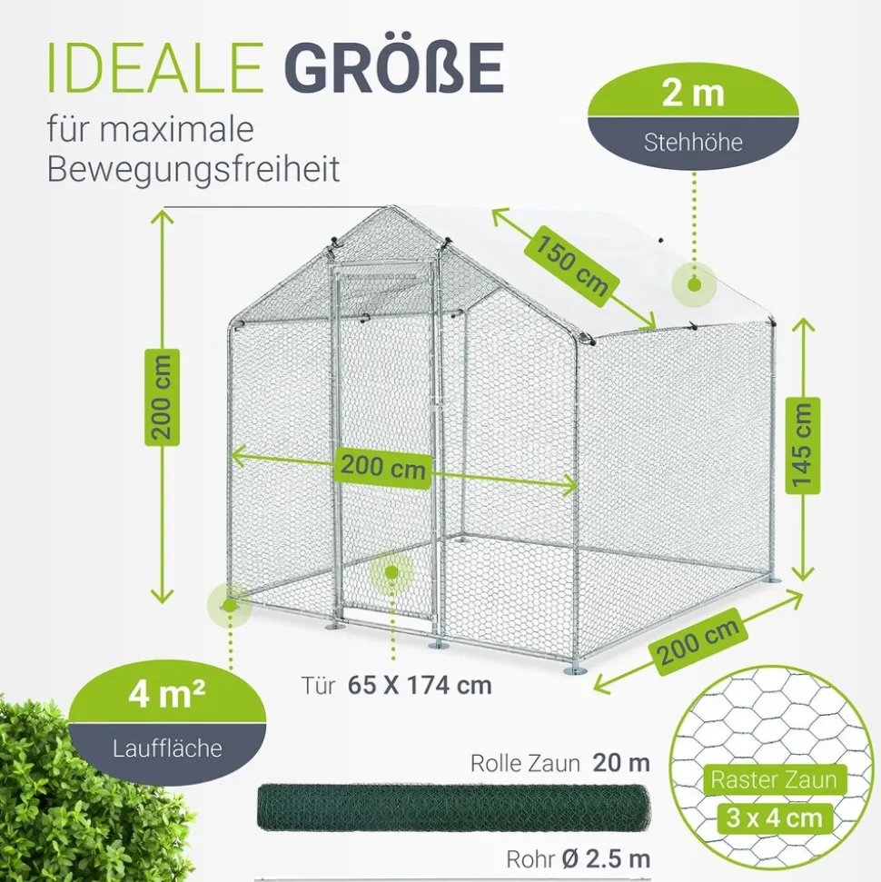 Juskys Freilaufgehege 2x2x2m aus Metall - Freigehege begehbar mit 4 m² Lauffläche, Tür & Riegel