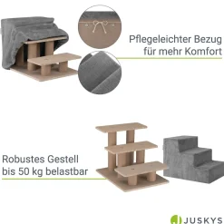 Juskys Haustiertreppe Timmy 36 cm, 3 Stufen Plüsch Grau waschbar– Hundetreppe für Bett, Sofa, Auto