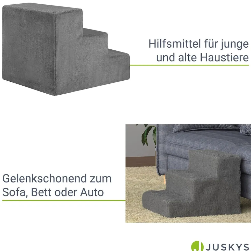 Juskys Haustiertreppe Timmy 36 cm, 3 Stufen Plüsch Grau waschbar– Hundetreppe für Bett, Sofa, Auto