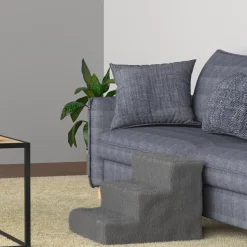 Juskys Haustiertreppe Timmy 36 cm, 3 Stufen Plüsch Grau waschbar– Hundetreppe für Bett, Sofa, Auto