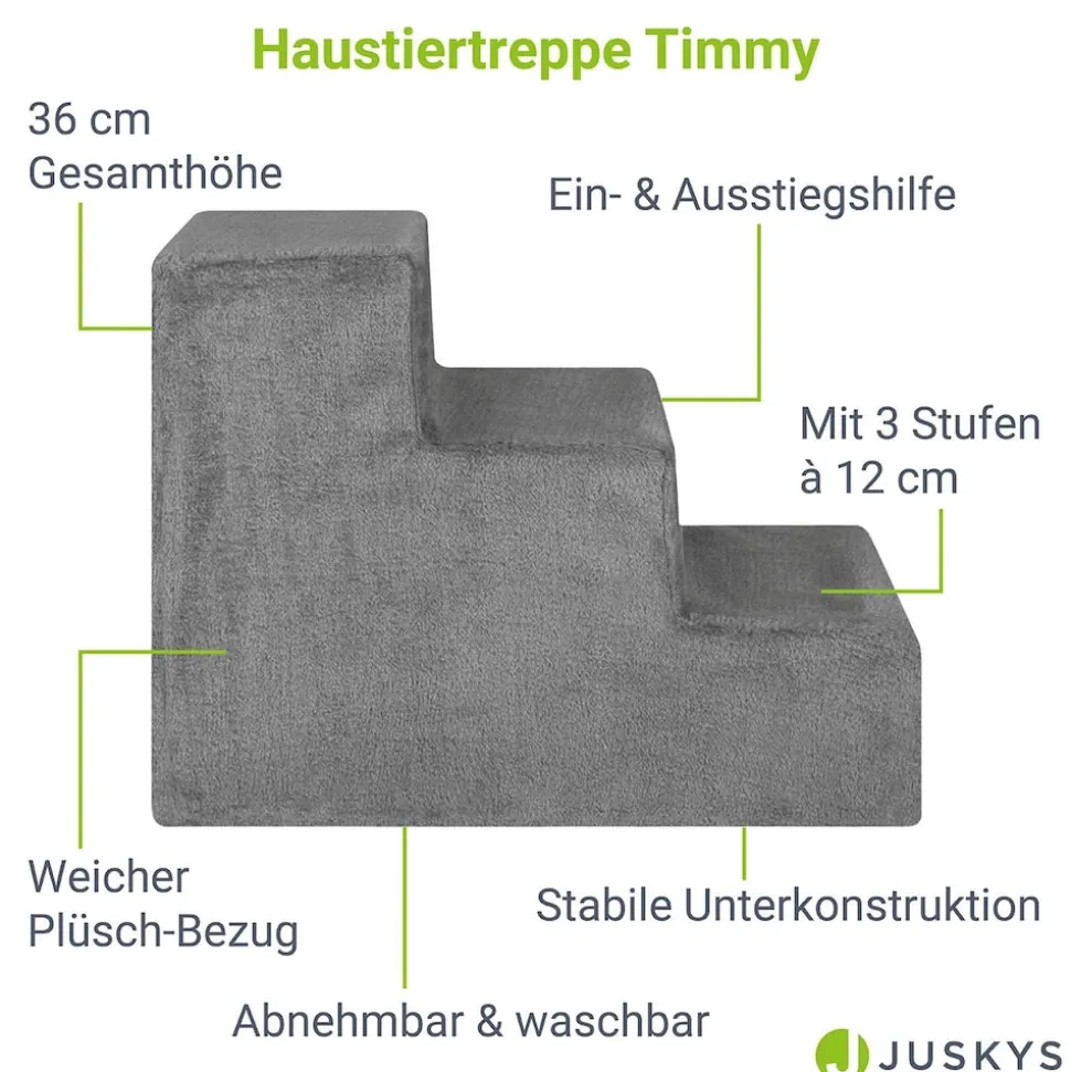 Juskys Haustiertreppe Timmy 36 cm, 3 Stufen Plüsch Grau waschbar– Hundetreppe für Bett, Sofa, Auto