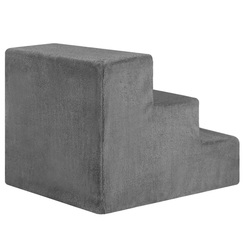 Juskys Haustiertreppe Timmy 36 cm, 3 Stufen Plüsch Grau waschbar– Hundetreppe für Bett, Sofa, Auto