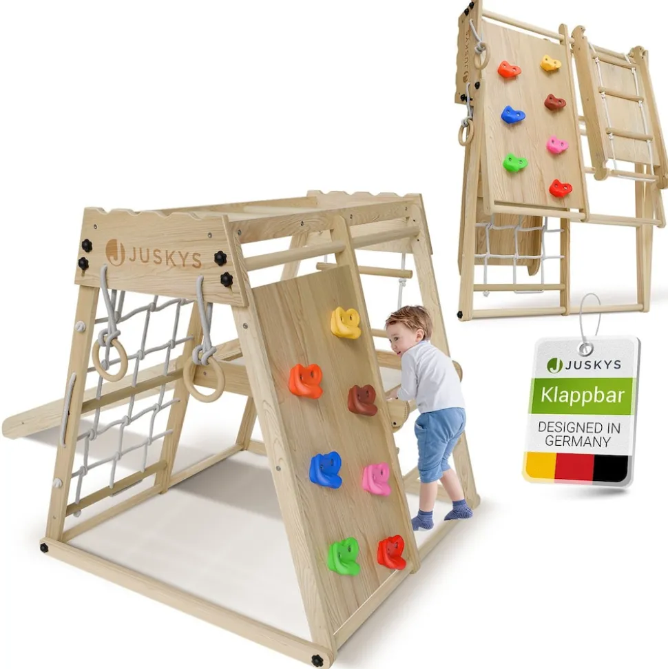 Juskys Mini Klettergerüst für Kinder - Indoor Spielplatz mit Rutsche, Kletterwand & Turnringe Natur