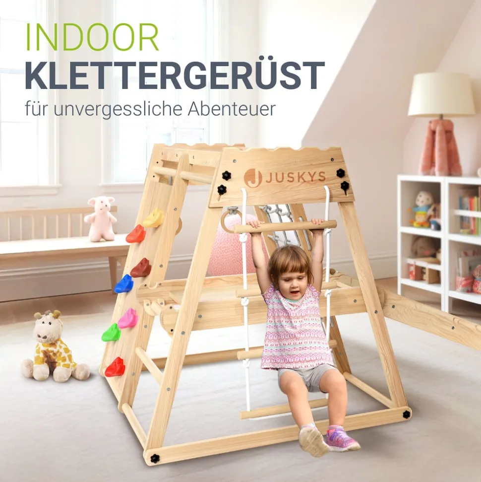 Juskys Mini Klettergerüst für Kinder - Indoor Spielplatz mit Rutsche, Kletterwand & Turnringe Natur