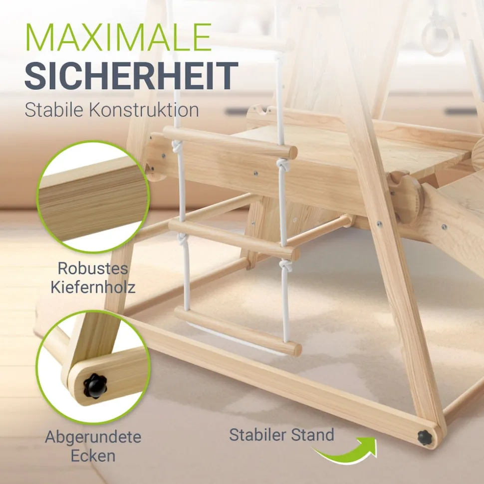 Juskys Mini Klettergerüst für Kinder - Indoor Spielplatz mit Rutsche, Kletterwand & Turnringe Natur