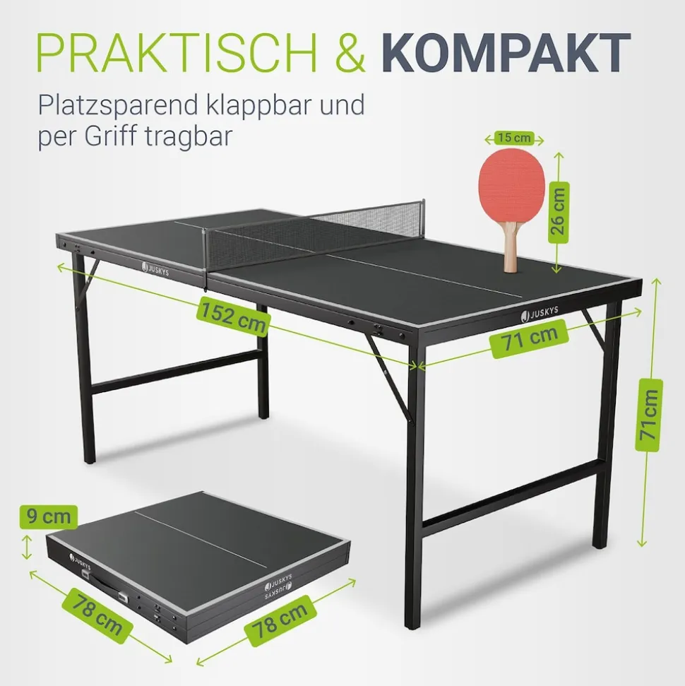 Juskys Mini Tischtennisplatte Flexi mit Zubehör - Tisch klappbar - Indoor Tischtennis für Zuhause - Schwarz