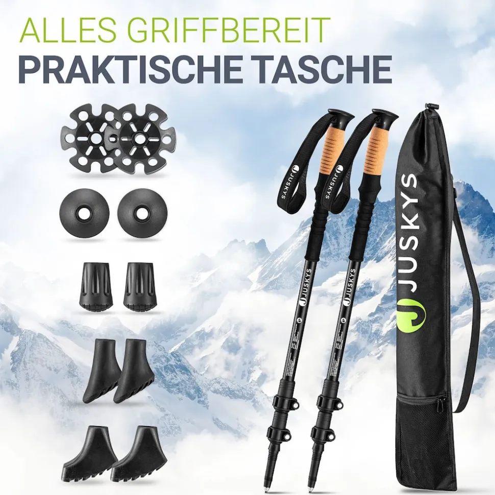 Juskys Nordic Walking Stöcke - Alu Teleskop Wanderstöcke, leicht, ausziehbar, Tasche - Schwarz
