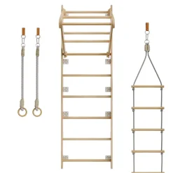 Juskys Sprossenwand für Kinder - Indoor Klettergerüst mit Turnringen, Klimmzugstange, Strickleiter
