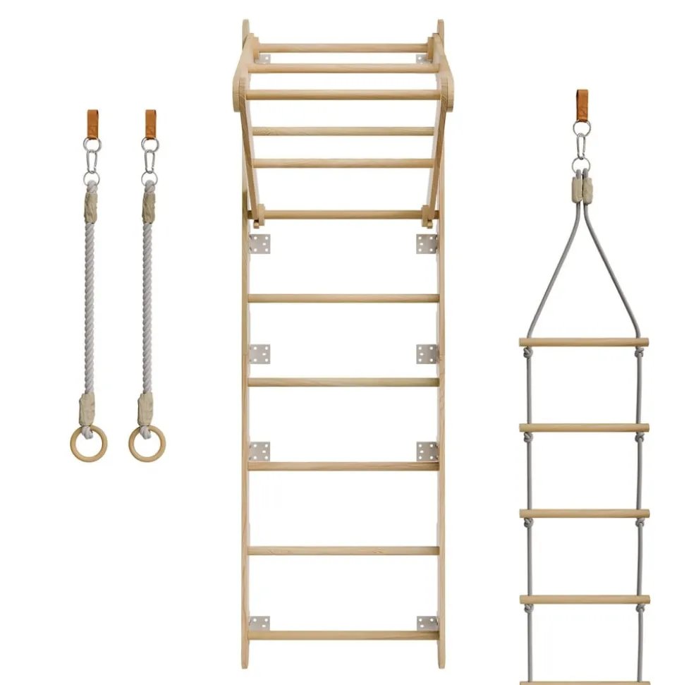 Juskys Sprossenwand für Kinder - Indoor Klettergerüst mit Turnringen, Klimmzugstange, Strickleiter