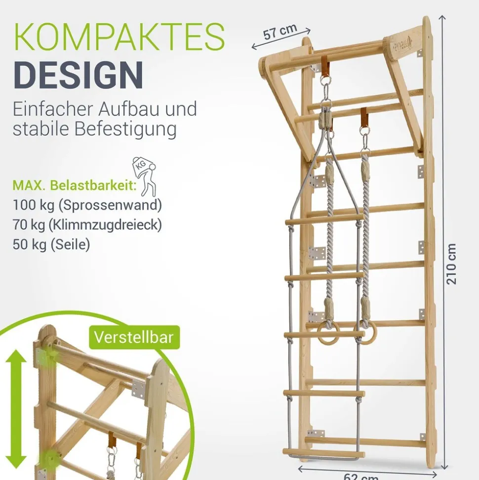 Juskys Sprossenwand für Kinder - Indoor Klettergerüst mit Turnringen, Klimmzugstange, Strickleiter