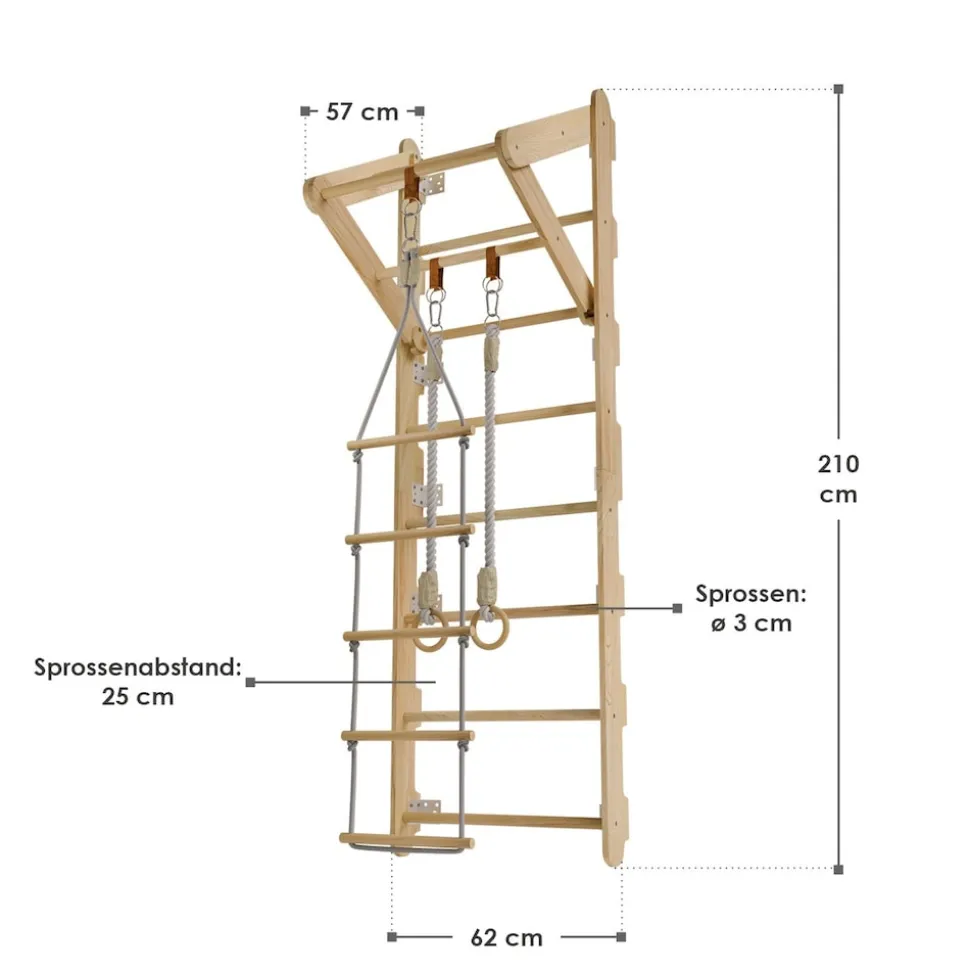 Juskys Sprossenwand für Kinder - Indoor Klettergerüst mit Turnringen, Klimmzugstange, Strickleiter