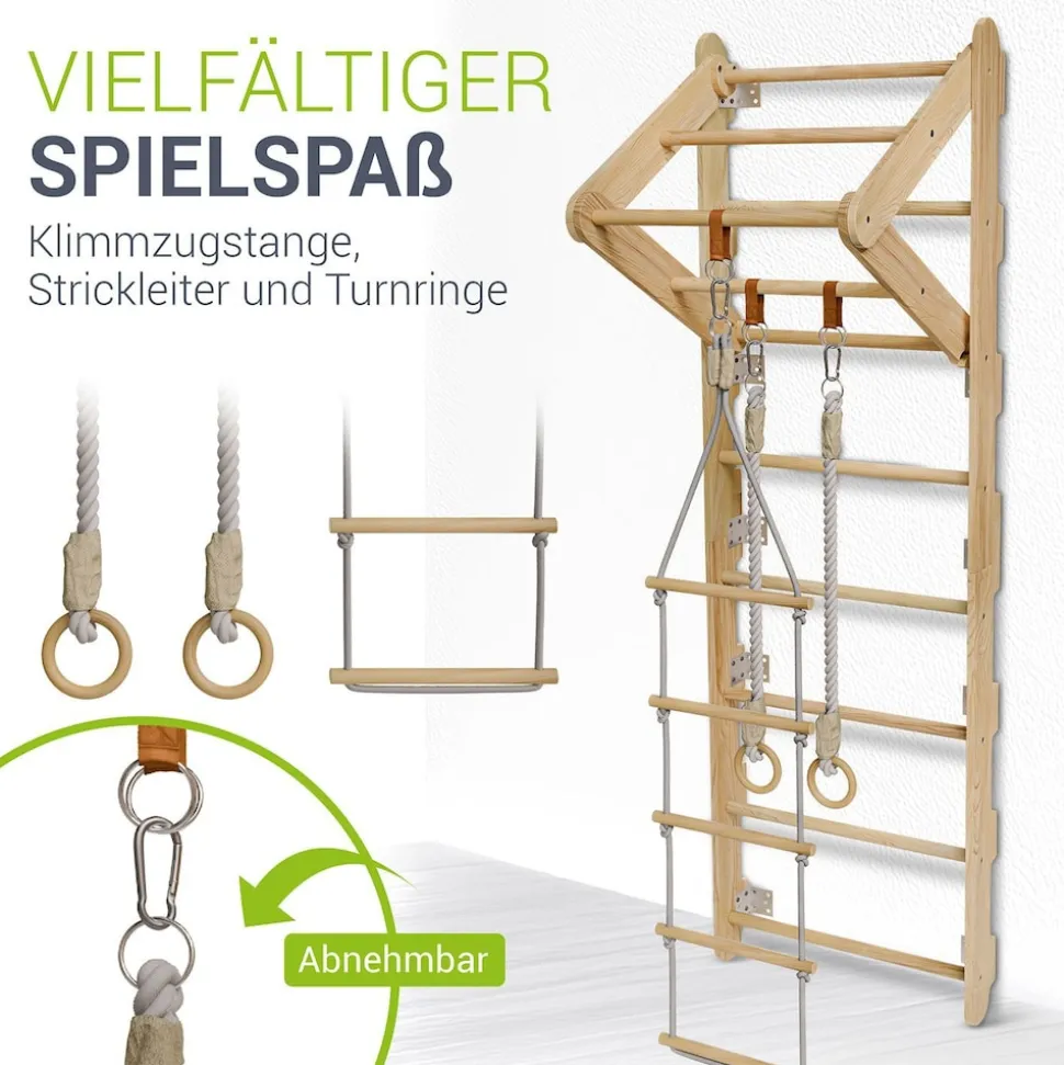 Juskys Sprossenwand für Kinder - Indoor Klettergerüst mit Turnringen, Klimmzugstange, Strickleiter
