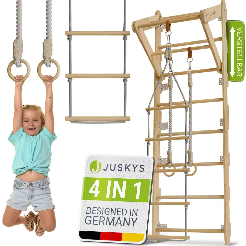 Juskys Sprossenwand für Kinder - Indoor Klettergerüst mit Turnringen, Klimmzugstange, Strickleiter