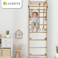 Juskys Sprossenwand für Kinder - Indoor Klettergerüst mit Turnringen, Klimmzugstange, Strickleiter