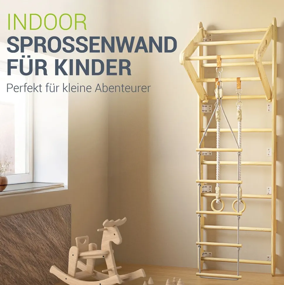 Juskys Sprossenwand für Kinder - Indoor Klettergerüst mit Turnringen, Klimmzugstange, Strickleiter