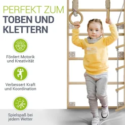 Juskys Sprossenwand für Kinder - Indoor Klettergerüst mit Turnringen, Klimmzugstange, Strickleiter