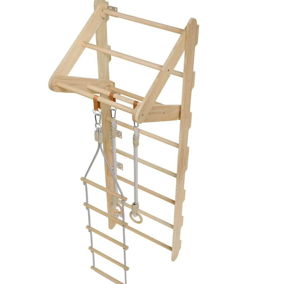 Juskys Sprossenwand für Kinder - Indoor Klettergerüst mit Turnringen, Klimmzugstange, Strickleiter